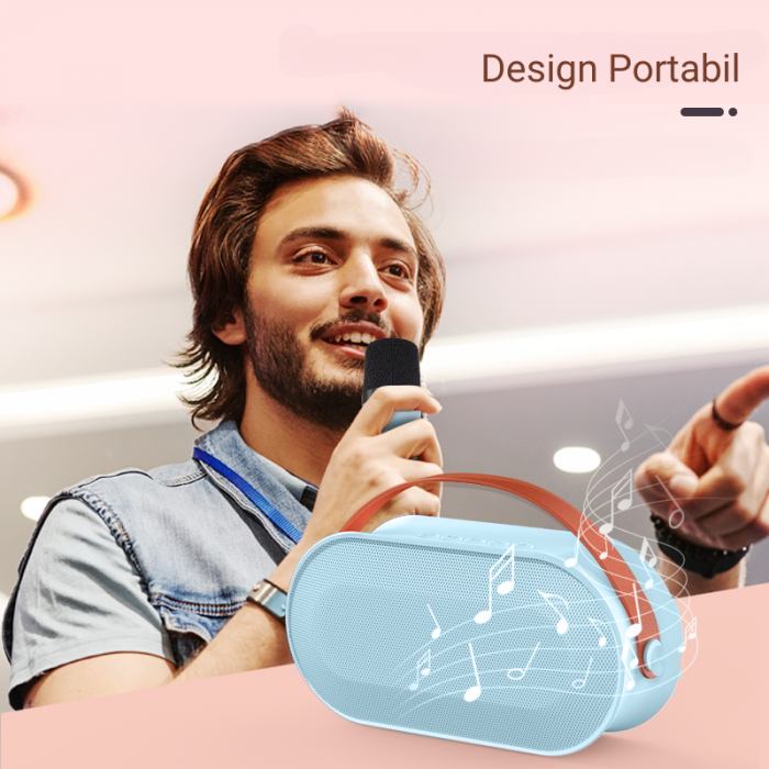 Set 2 Microfoane Karaoke Copii si Adulti cu Boxa Portabila, Wireless, Lumini LED, 4 Efecte Voce, Player MP3, MicroSD Card, Bluetooth 5.3, Baterie 3000mAh, Albastru [3]