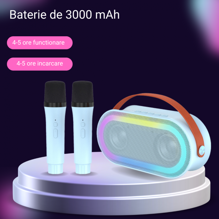 Set 2 Microfoane Karaoke Copii si Adulti cu Boxa Portabila, Wireless, Lumini LED, 4 Efecte Voce, Player MP3, MicroSD Card, Bluetooth 5.3, Baterie 3000mAh, Albastru [5]