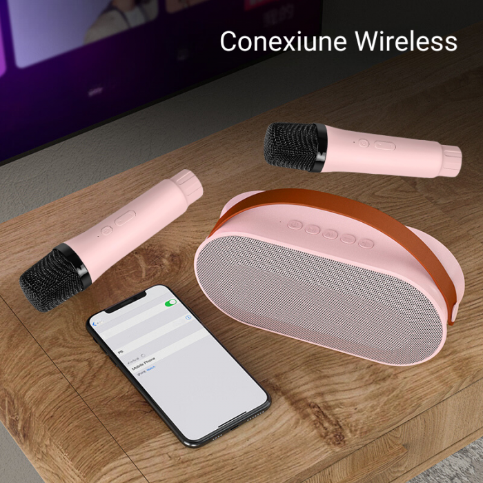 Set 2 Microfoane Karaoke Copii si Adulti cu Boxa Portabila, Wireless, Lumini LED, 4 Efecte Voce, Player MP3, MicroSD Card, Bluetooth 5.3, Baterie 3000mAh, Roz [4]