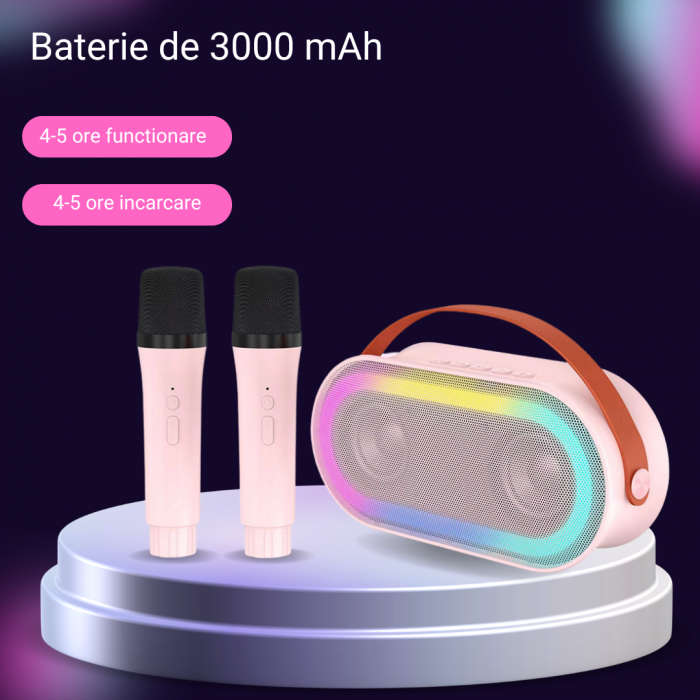 Set 2 Microfoane Karaoke Copii si Adulti cu Boxa Portabila, Wireless, Lumini LED, 4 Efecte Voce, Player MP3, MicroSD Card, Bluetooth 5.3, Baterie 3000mAh, Roz [5]