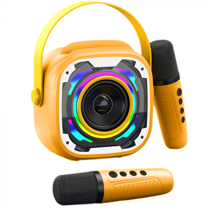 Set 2 microfoane karaoke copii si adulti cu difuzor portabil, Wireless, 4 efecte voce, pentru petreceri, Player MP3, MicroSD card, Bluetooth 5.0, Galben/Portocaliu [1]
