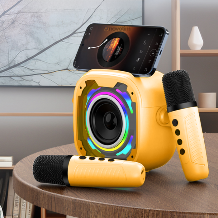 Set 2 microfoane karaoke copii si adulti cu difuzor portabil, Wireless, 4 efecte voce, pentru petreceri, Player MP3, MicroSD card, Bluetooth 5.0, Galben/Portocaliu [2]