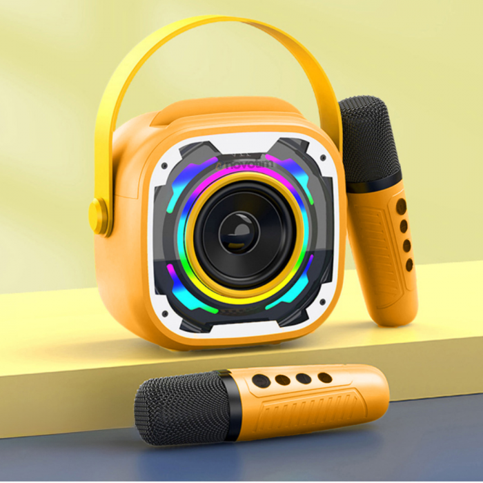 Set 2 microfoane karaoke copii si adulti cu difuzor portabil, Wireless, 4 efecte voce, pentru petreceri, Player MP3, MicroSD card, Bluetooth 5.0, Galben/Portocaliu [3]