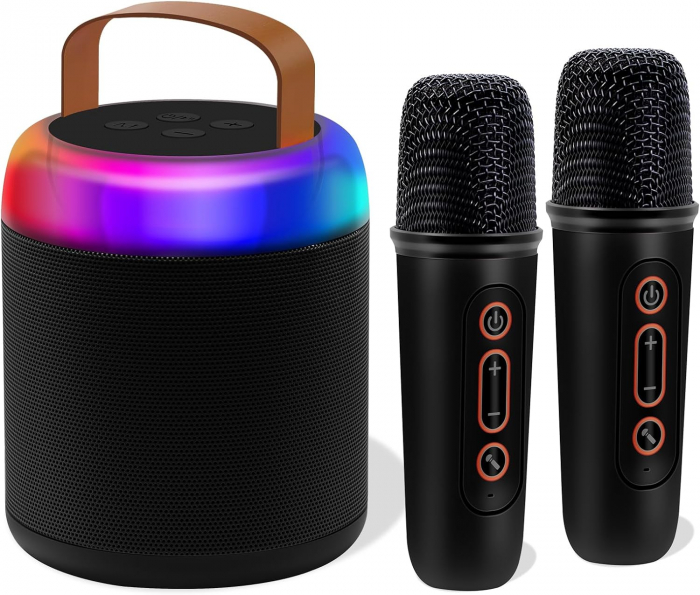Set 2 Microfoane Karaoke Copii si Adulti cu Difuzor Portabil, Wireless, Lumini LED, 4 Efecte Voce, Pentru Petreceri, Player MP3, MicroSD card, Bluetooth 5.0, Negru [1]