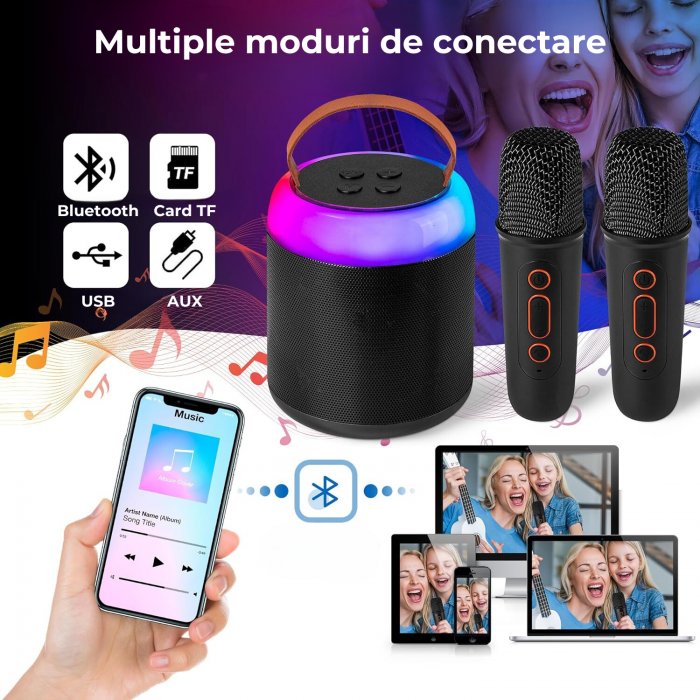 Set 2 Microfoane Karaoke Copii si Adulti cu Difuzor Portabil, Wireless, Lumini LED, 4 Efecte Voce, Pentru Petreceri, Player MP3, MicroSD card, Bluetooth 5.0, Negru [2]
