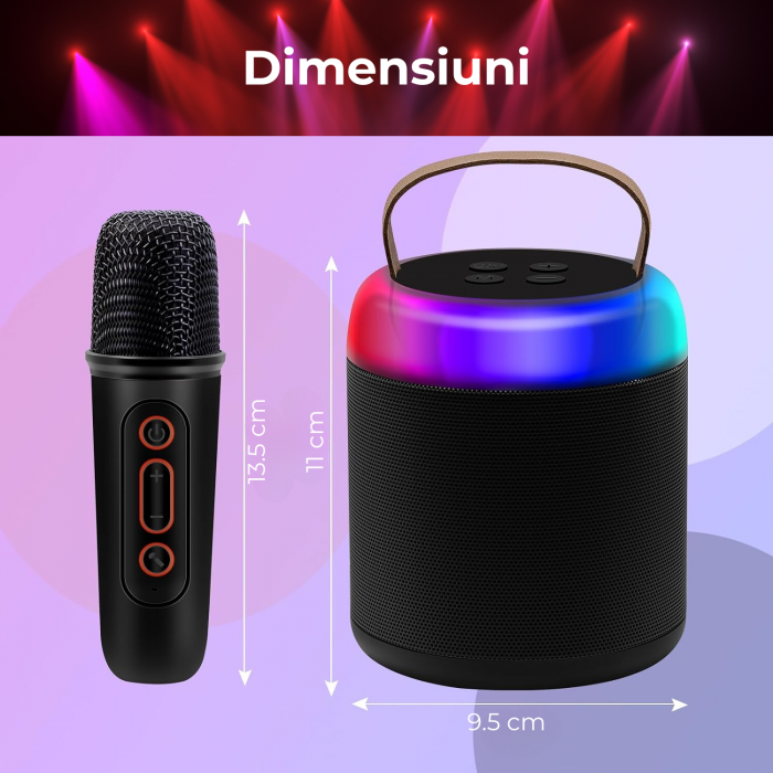 Set 2 Microfoane Karaoke Copii si Adulti cu Difuzor Portabil, Wireless, Lumini LED, 4 Efecte Voce, Pentru Petreceri, Player MP3, MicroSD card, Bluetooth 5.0, Negru [6]