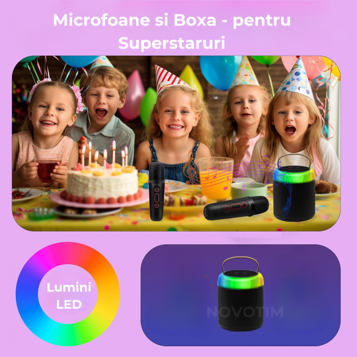 Set 2 Microfoane Karaoke Copii si Adulti cu Difuzor Portabil, Wireless, Lumini LED, 4 Efecte Voce, Pentru Petreceri, Player MP3, MicroSD card, Bluetooth 5.0, Negru [5]