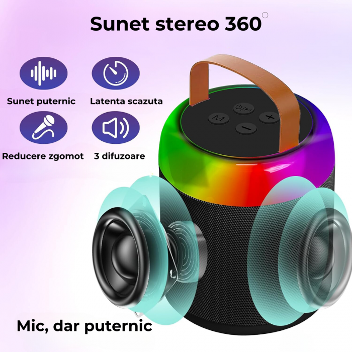 Set 2 Microfoane Karaoke Copii si Adulti cu Difuzor Portabil, Wireless, Lumini LED, 4 Efecte Voce, Pentru Petreceri, Player MP3, MicroSD card, Bluetooth 5.0, Negru [3]
