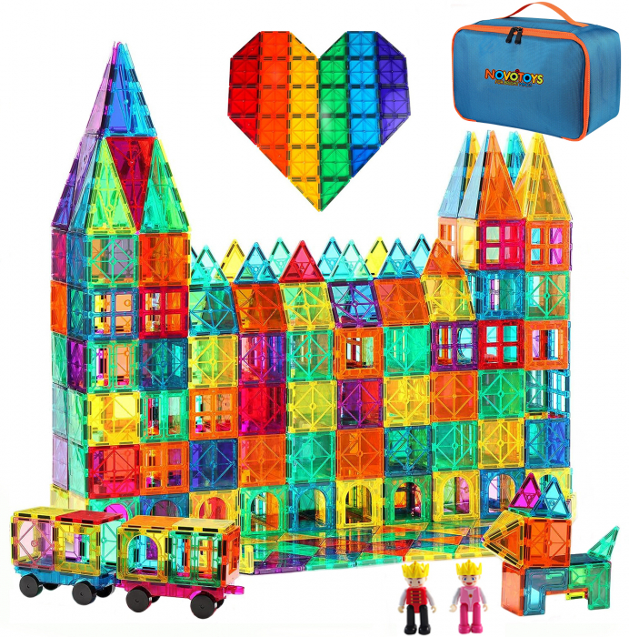 Set de constructie cu placi magnetice, Novotoys, 120 piese, 7,5cm, 2 Figurine, 2 Masinute, Cutie depozitare, STEM, Compatibile Magna-Tiles si Magplayer [1]