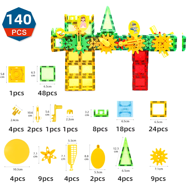 Set de constructie cu placi magnetice, 140 piese de 6.5cm, Jucarie creativa si educationala STEM Magnetic Tiles [6]