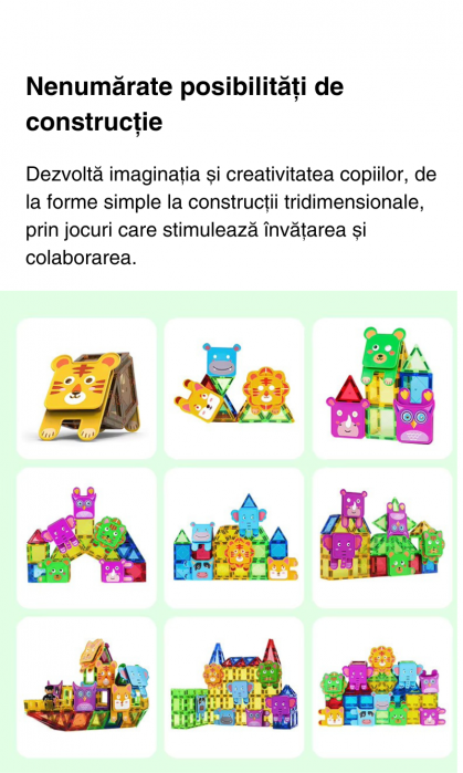 Set de constructie cu placi magnetice, 140 piese de 6.5cm, Jucarie creativa si educationala STEM Magnetic Tiles [7]