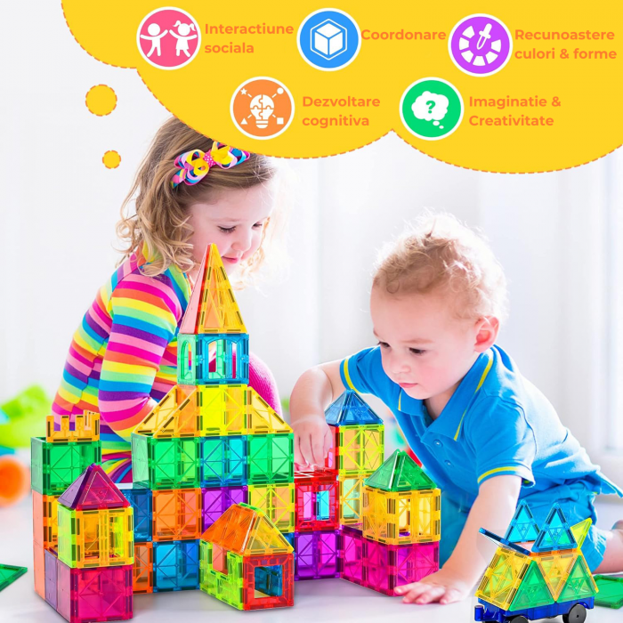 Set de constructie cu placi magnetice, Novotoys, 120 piese, 7,5cm, 2 Figurine, 2 Masinute, Cutie depozitare, STEM, Compatibile Magna-Tiles si Magplayer [4]