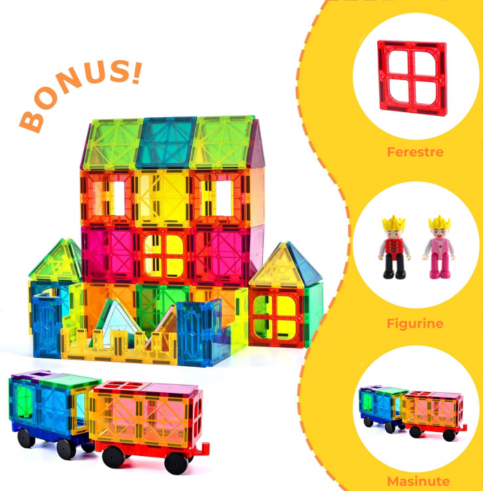Set de constructie cu placi magnetice, Novotoys, 120 piese, 7,5cm, 2 Figurine, 2 Masinute, Cutie depozitare, STEM, Compatibile Magna-Tiles si Magplayer [6]