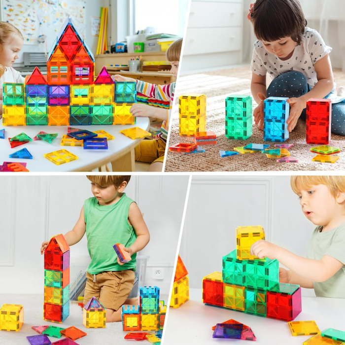 Set de constructie cu placi magnetice, Novotoys, 120 piese, 7,5cm, 2 Figurine, 2 Masinute, Cutie depozitare, STEM, Compatibile Magna-Tiles si Magplayer [8]