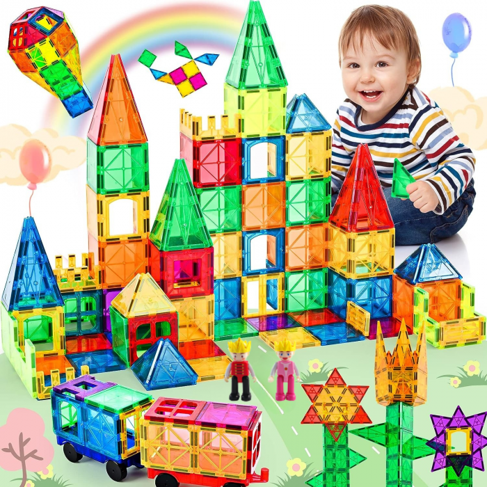 Set de constructie cu placi magnetice, Novotoys, 120 piese, 7,5cm, 2 Figurine, 2 Masinute, Cutie depozitare, STEM, Compatibile Magna-Tiles si Magplayer [2]