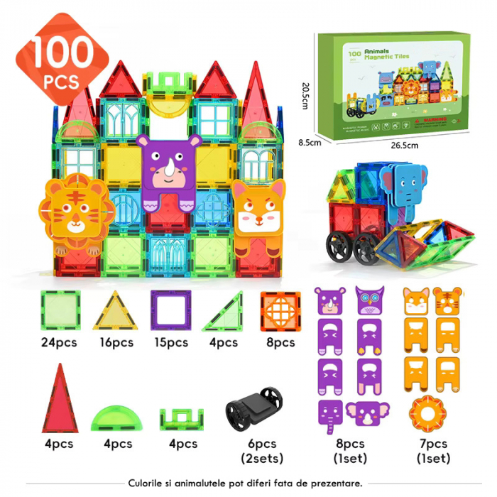 Set constructie Magnetic Tiles 100 piese cu Animale [6]