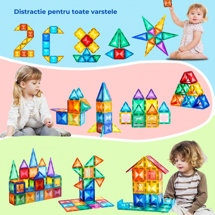 Set de constructie Magnetic Tiles, NovoToys, 72 piese mari cu model diamant, Jucarie creativa STEM pentru dezvoltarea abilitatilor cognitive, spatiale si a creativitatii, +3 ani [4]