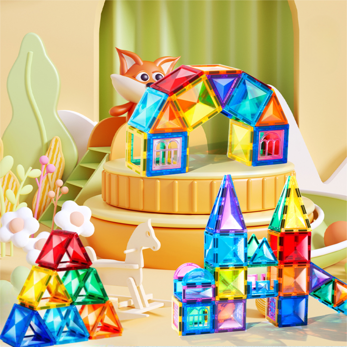 Set de constructie Magnetic Tiles, NovoToys, 72 piese mari cu model diamant, Jucarie creativa STEM pentru dezvoltarea abilitatilor cognitive, spatiale si a creativitatii, +3 ani [2]