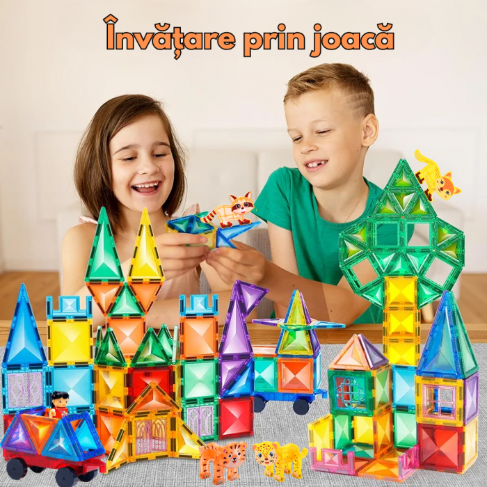 Set de constructie Magnetic Tiles, NovoToys, 126 piese mari cu model diamant, Jucarie creativa STEM pentru dezvoltarea abilitatilor cognitive, spatiale si a creativitatii, +3 ani - Copie [3]