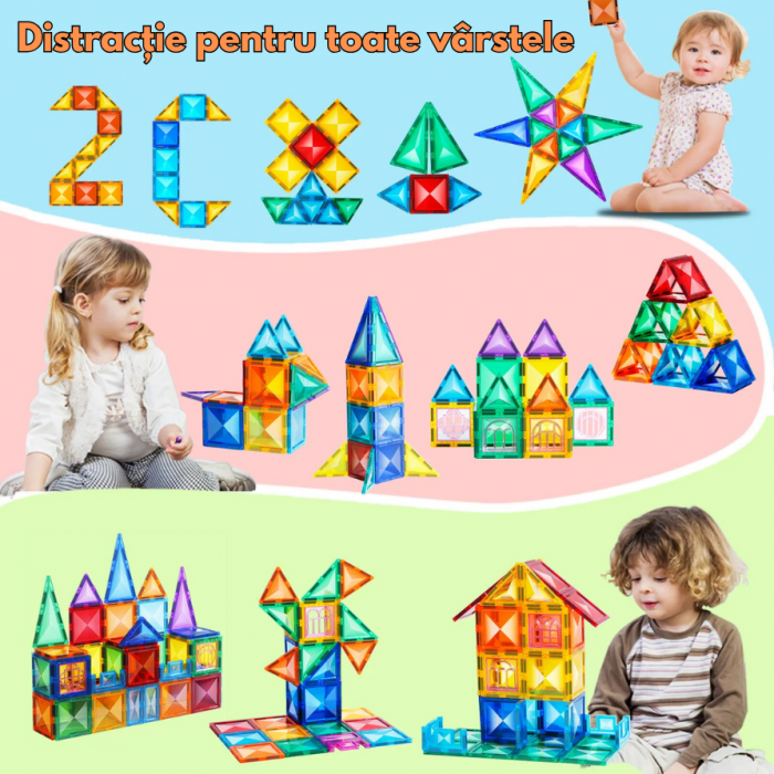 Set de constructie Magnetic Tiles, NovoToys, 126 piese mari cu model diamant, Jucarie creativa STEM pentru dezvoltarea abilitatilor cognitive, spatiale si a creativitatii, +3 ani - Copie [5]