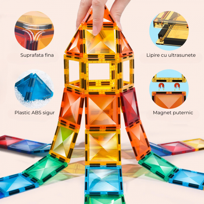 Set de constructie Magnetic Tiles, NovoToys, 126 piese mari cu model diamant, Jucarie creativa STEM pentru dezvoltarea abilitatilor cognitive, spatiale si a creativitatii, +3 ani - Copie [7]