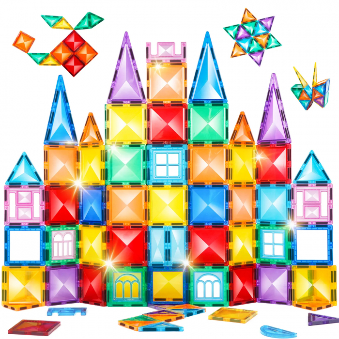 Set de constructie Magnetic Tiles, NovoToys, 72 piese mari cu model diamant, Jucarie creativa STEM pentru dezvoltarea abilitatilor cognitive, spatiale si a creativitatii, +3 ani [1]