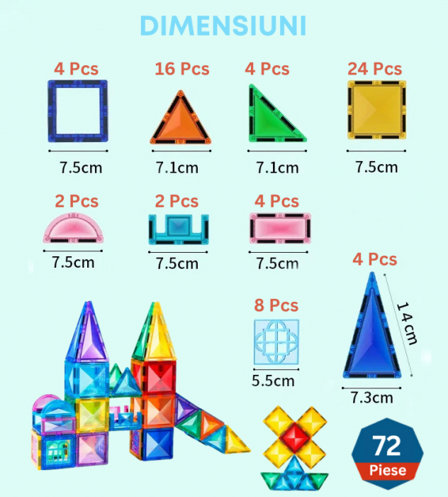 Set de constructie Magnetic Tiles, NovoToys, 72 piese mari cu model diamant, Jucarie creativa STEM pentru dezvoltarea abilitatilor cognitive, spatiale si a creativitatii, +3 ani [5]