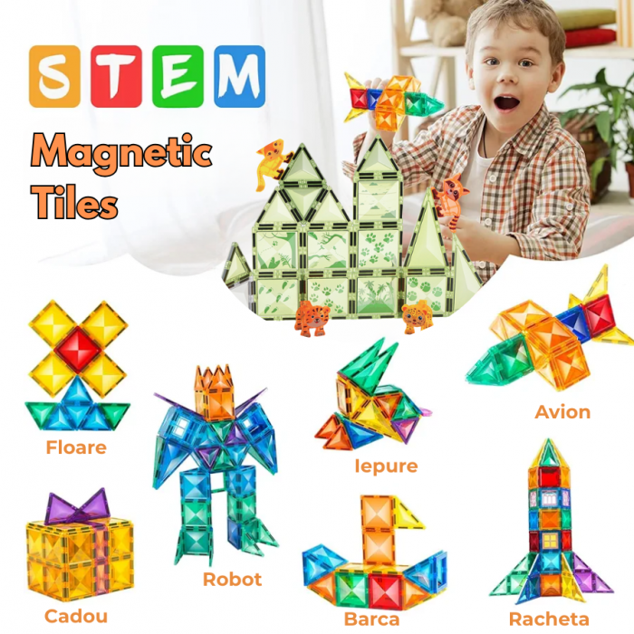Set de constructie Magnetic Tiles, NovoToys, 126 piese mari cu model diamant, Jucarie creativa STEM pentru dezvoltarea abilitatilor cognitive, spatiale si a creativitatii, +3 ani - Copie [6]