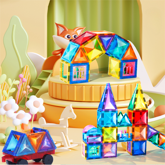 Set de constructie Magnetic Tiles, NovoToys, 126 piese mari cu model diamant, Jucarie creativa STEM pentru dezvoltarea abilitatilor cognitive, spatiale si a creativitatii, +3 ani - Copie [2]