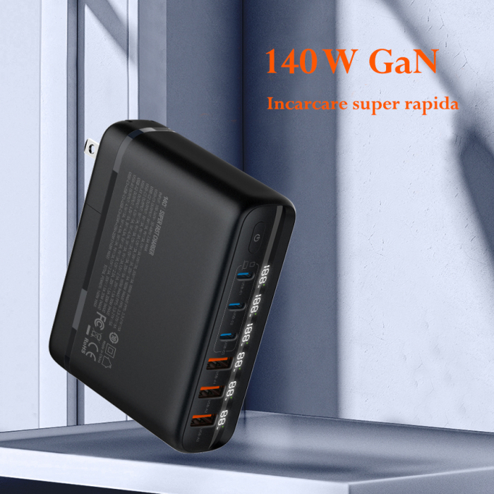 Statie de incarcare cu porturi multiple, 140W, Tehnologie GaN, Univesala, Super Fast Charging, 3xUSB TypeC PD QC5/PD3.0, 3xUSB-A QC3.0 [2]