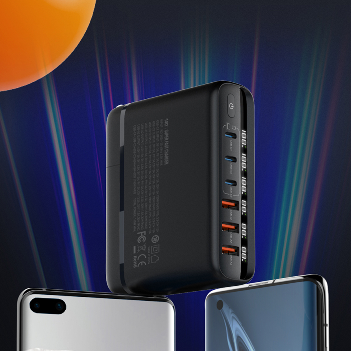 Statie de incarcare cu porturi multiple, 140W, Tehnologie GaN, Univesala, Super Fast Charging, 3xUSB TypeC PD QC5/PD3.0, 3xUSB-A QC3.0 [5]