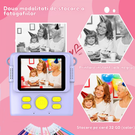 Aparat foto/video copii cu imprimare instant, Ecran 2.4 inch IPS, Video 1080P, Camera cu zoom 16x, Baterie 1000 mAh, Card TF 32 GB, Incarcare USB, 6 Carioci incluse, Mov [2]