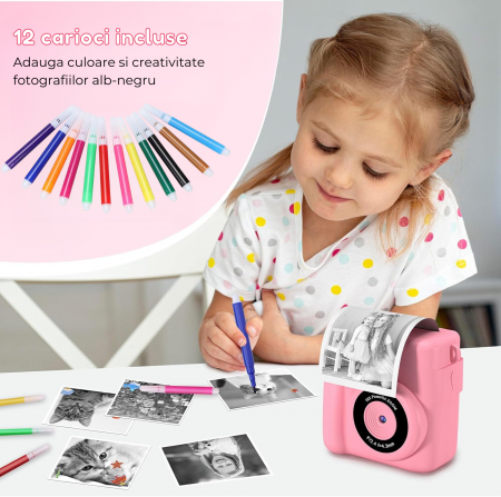 Aparat foto/video copii cu imprimare instant, Card TF 32 GB, Roz [5]
