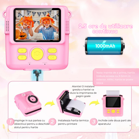 Aparat foto/video copii cu imprimare instant, Card TF 32 GB, Roz [7]