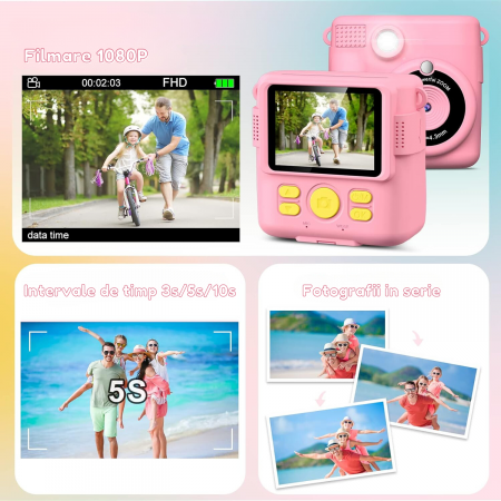Aparat foto/video copii cu imprimare instant, Card TF 32 GB, Roz [6]