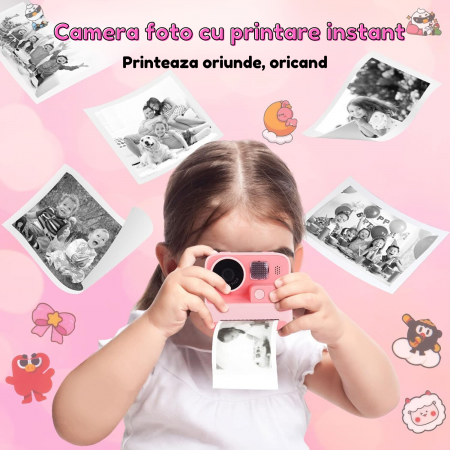 Aparat Foto/Video pentru Copii cu Imprimare Instant, Camera Selfie, Card TF de 32 GB, Roz [5]