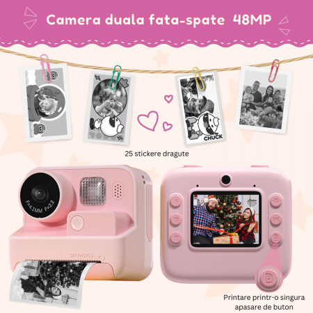 Aparat Foto/Video pentru Copii cu Imprimare Instant, Camera Selfie, Card TF de 32 GB, Roz [2]