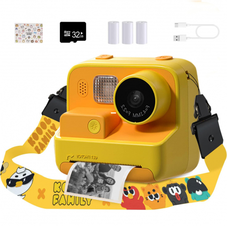 Resigilate - RESIGILAT - Aparat Foto/Video pentru Copii cu Imprimare Instant, Camera Selfie, Card TF de 32 GB, Galben - Copie