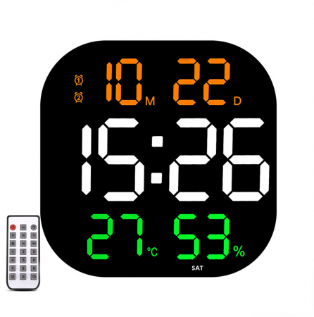 Casa, Gradina & Bricolaj - Ceas Digital de Perete cu LED, Luminozitate Ajustabila, Telecomanda, Timer, Ora, Data, Calendar, Alarma, Temperatura, Umiditate, Stil Minimalist Modern, Patrat