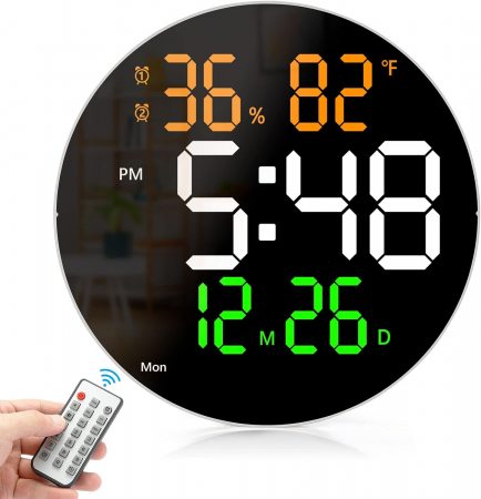 Casa, Gradina & Bricolaj - Ceas Digital de Perete cu LED, Luminozitate Ajustabila, Telecomanda, Timer, Ora, Data, Calendar, Alarma, Temperatura, Umiditate, Stil Minimalist Modern, Rotund