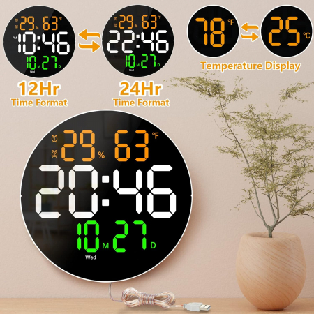Ceas Digital de Perete cu LED, Luminozitate Ajustabila, Telecomanda, Timer, Ora, Data, Calendar, Alarma, Temperatura, Umiditate, Stil Minimalist Modern, Rotund [2]