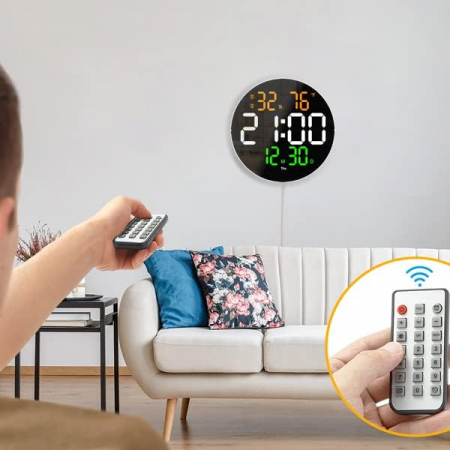Ceas Digital de Perete cu LED, Luminozitate Ajustabila, Telecomanda, Timer, Ora, Data, Calendar, Alarma, Temperatura, Umiditate, Stil Minimalist Modern, Rotund [5]