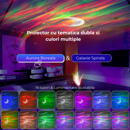 Lampa de Veghe cu Proiector de Stele, Luna, Aurora Boreala si Galaxie, Lumina Ajustabila, Timer, Telecomanda, Sunete Albe, 14 Culori, 5 Melodii, Reincarcabila [6]