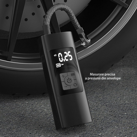 Pompa de aer electrica smart cu display, wireless, multifunctionala, reincarcabila, umflare rapida, oprire automata, ideala pentru biciclete, scutere, obiecte gonflabile, 3x2000 mAh, functie power-ban [2]