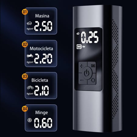 Pompa de aer electrica smart cu display, wireless, multifunctionala, reincarcabila, umflare rapida, oprire automata, ideala pentru biciclete, scutere, obiecte gonflabile, 3x2000 mAh, functie power-ban [3]