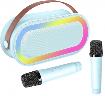 Microfoane karaoke - Set 2 Microfoane Karaoke Copii si Adulti cu Boxa Portabila, Wireless, Lumini LED, 4 Efecte Voce, Player MP3, MicroSD Card, Bluetooth 5.3, Baterie 3000mAh, Albastru