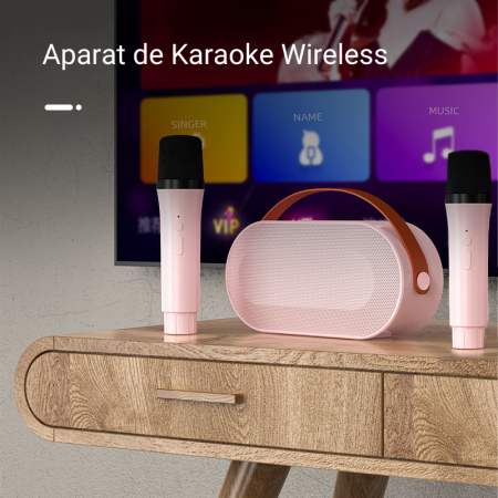 Set 2 Microfoane Karaoke Copii si Adulti cu Boxa Portabila, Wireless, Lumini LED, 4 Efecte Voce, Player MP3, MicroSD Card, Bluetooth 5.3, Baterie 3000mAh, Roz [1]
