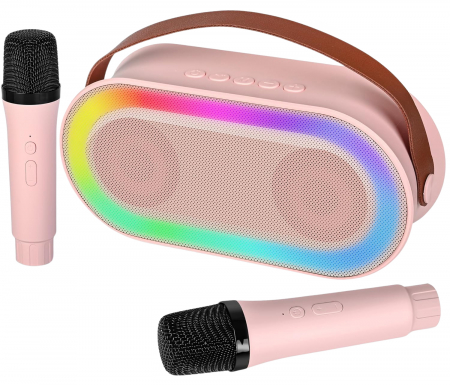 Microfoane karaoke - Set 2 Microfoane Karaoke Copii si Adulti cu Boxa Portabila, Wireless, Lumini LED, 4 Efecte Voce, Player MP3, MicroSD Card, Bluetooth 5.3, Baterie 3000mAh, Roz