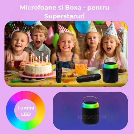 Set 2 Microfoane Karaoke Copii si Adulti cu Difuzor Portabil, Wireless, Lumini LED, 4 Efecte Voce, Pentru Petreceri, Player MP3, MicroSD card, Bluetooth 5.0, Negru [4]