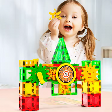 Set de constructie cu placi magnetice, 140 piese de 6.5cm, Jucarie creativa si educationala STEM Magnetic Tiles [3]